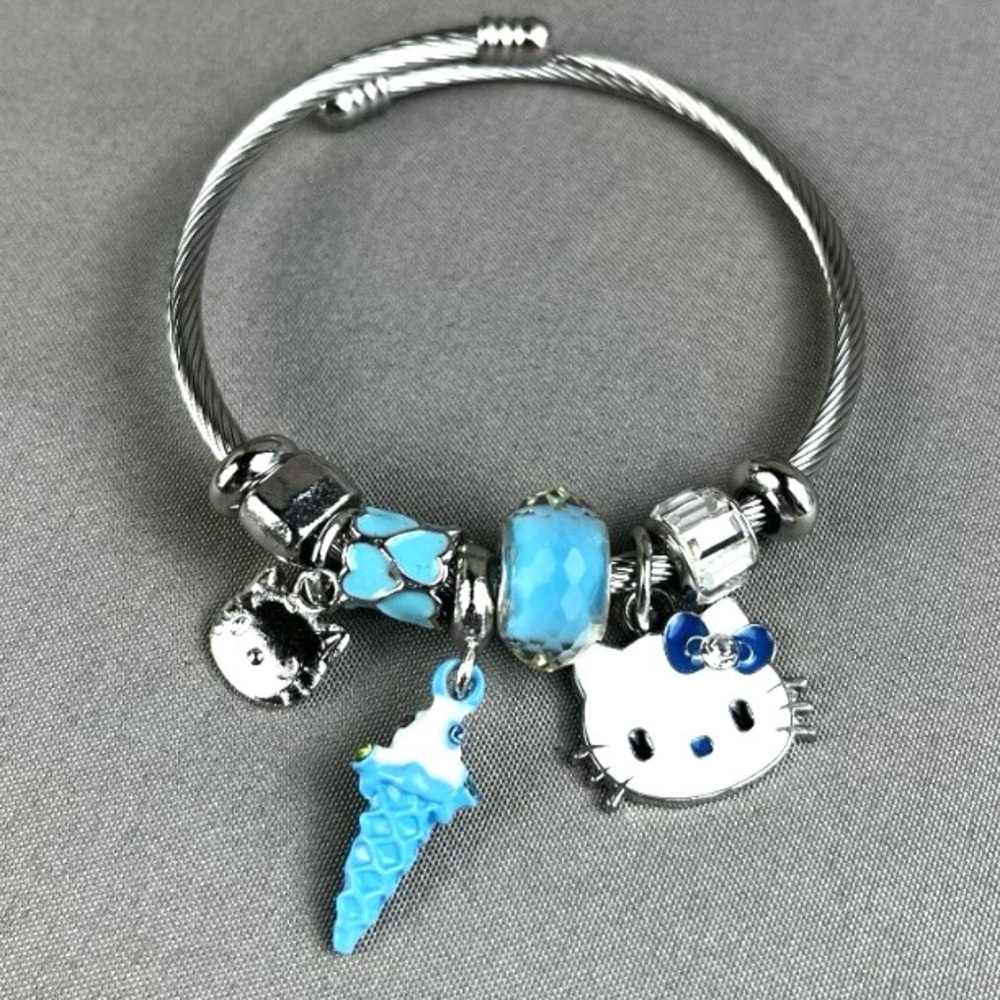 🐭 SALE! Hello Kitty Silver & Blue Bracelet with various charms wrap style NEW